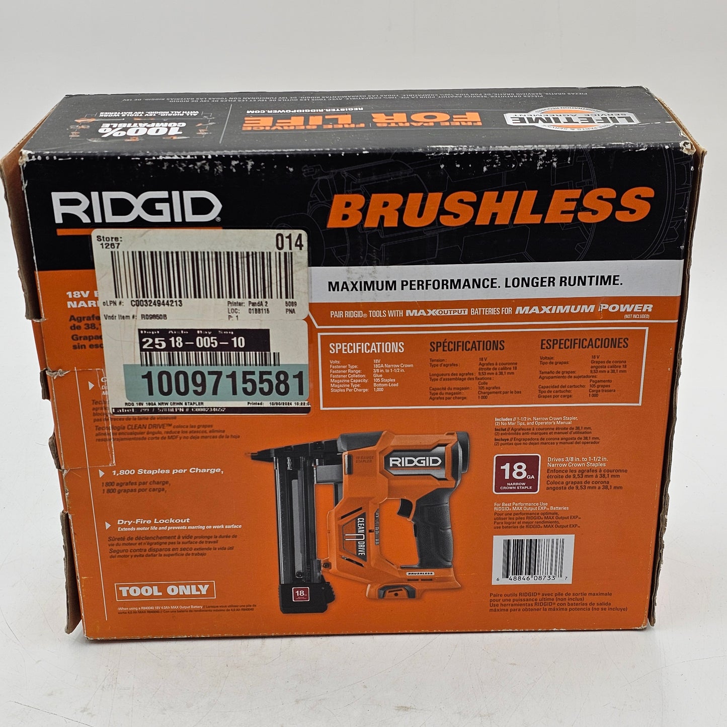 New RIDGID Narrow Crown Stapler 18-Gauge R09850B