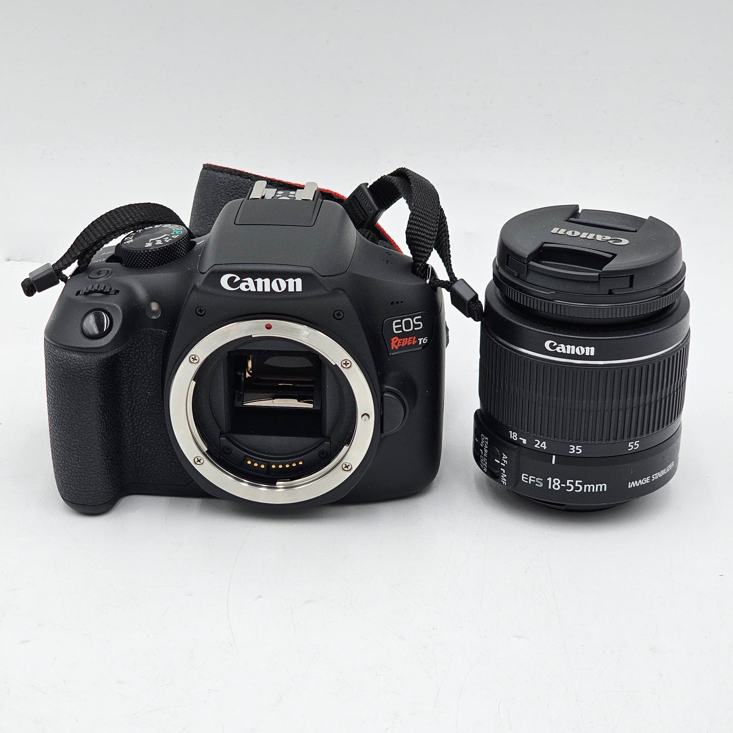 Canon EOS Rebel T6 with 18-55mm Lens Battery and Bag Black