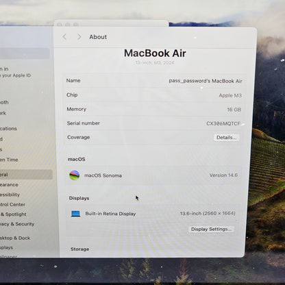 2024 Apple MacBook Air M3 4.0GHz 16GB 256GB Midnight 13.6"