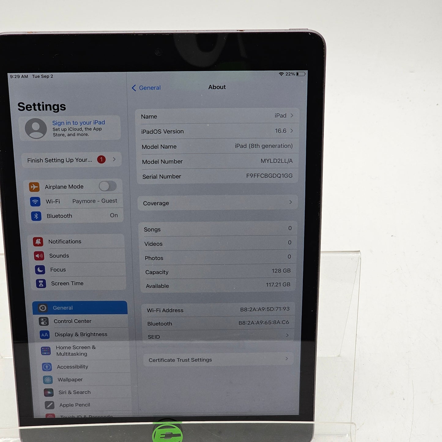 WiFi Only Apple iPad 8th Gen 128GB 16.6 Space gray MYLD2LL/A