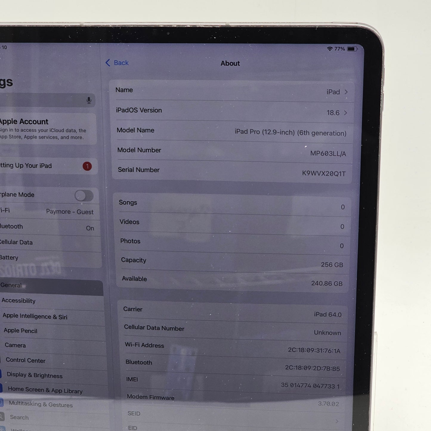 Unlocked Apple iPad Pro 12.9" 6th Gen 256GB Silver MP603LL/A
