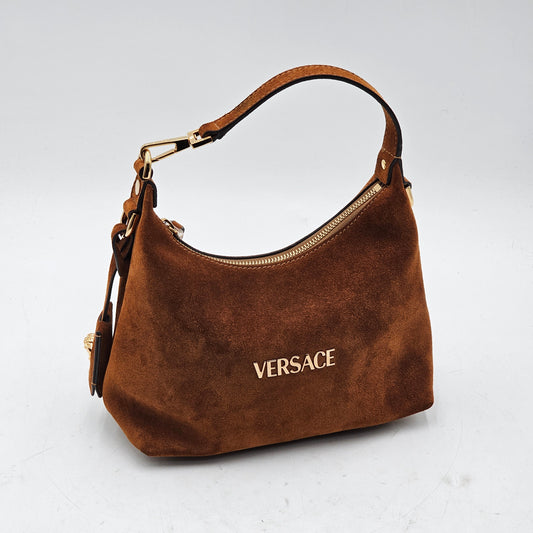 New Versace Tag Suede Brown Gold Hobo Bag