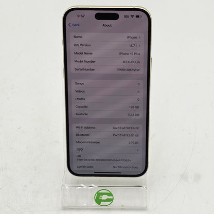 Unlocked Apple iPhone 15 Plus 128GB Yellow MTXU3LL/A