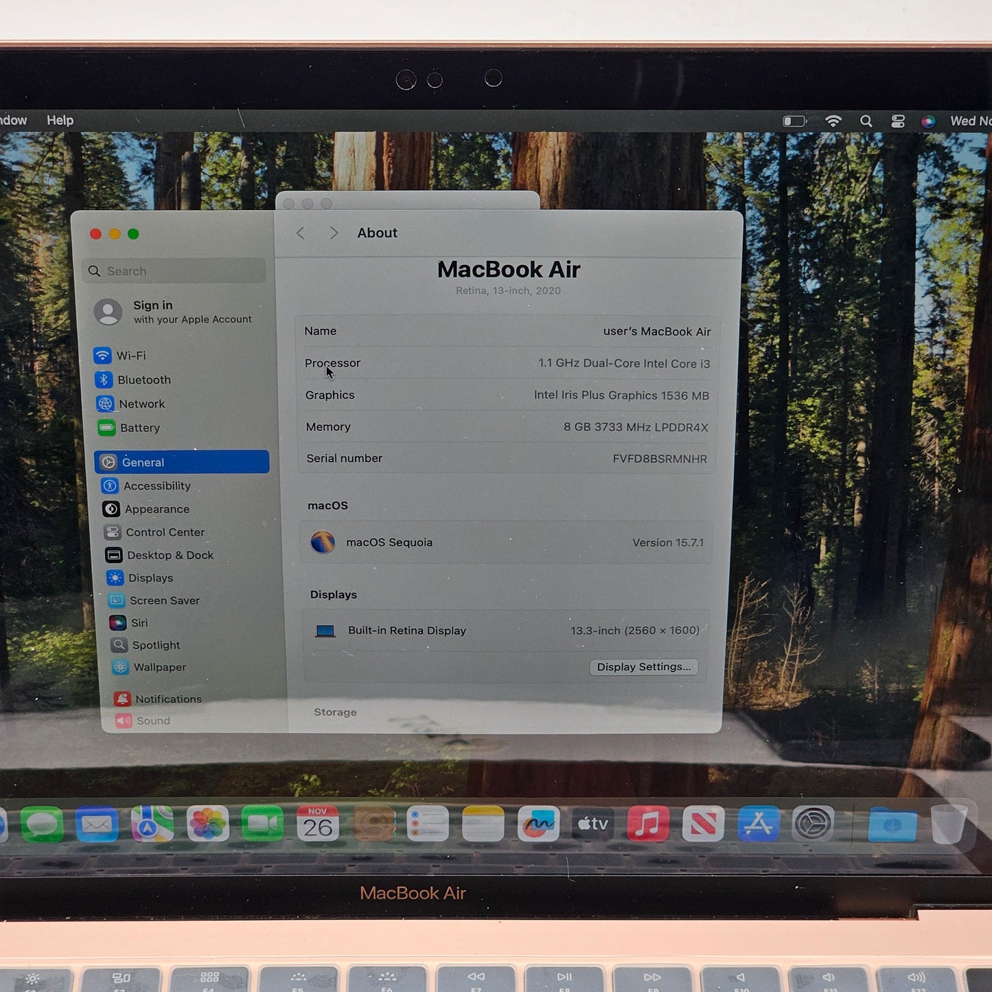 2020 Apple MacBook Air 13.3" i3 1.1GHz 8GB RAM 256GB SSD Gold A2179