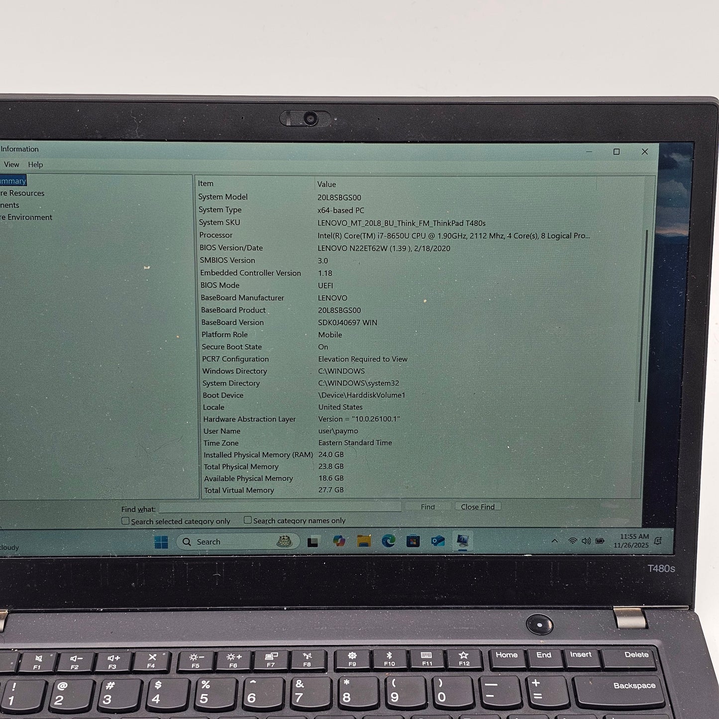 Lenovo THINKPAD T480s T480S 14" i7-8650U 1.9GHz 16GB RAM 256GB SSD NA