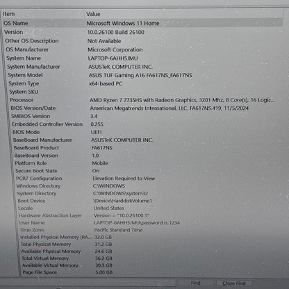 Asus TUF A16 FA617 16" Ryzen 7 7735HS  3.2GHz 32GB RAM 512GB SSD Radeon RX 7600S