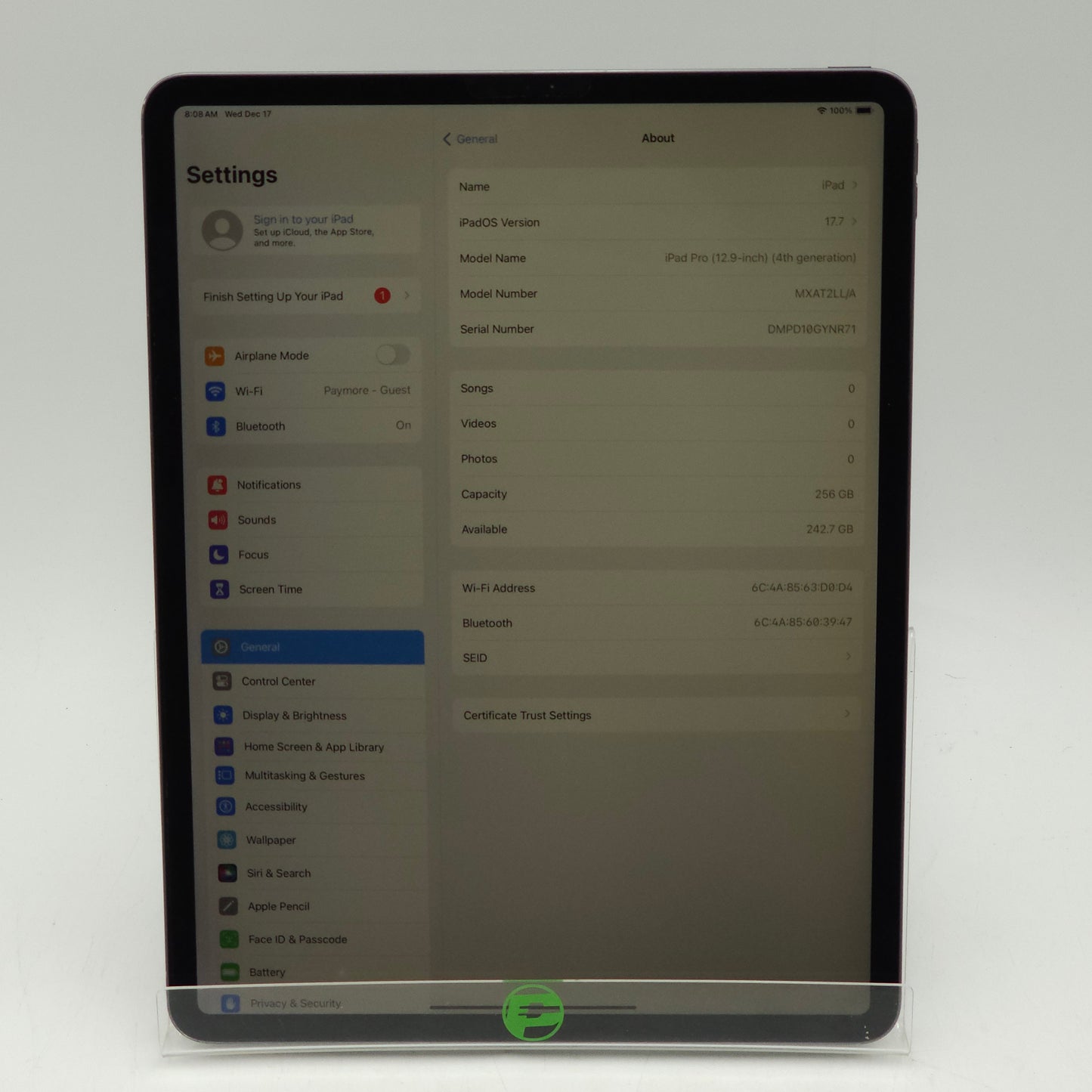 WiFi Only Apple iPad Pro 12.9" 4th Gen 256GB Space Gray MXAT2LL/A