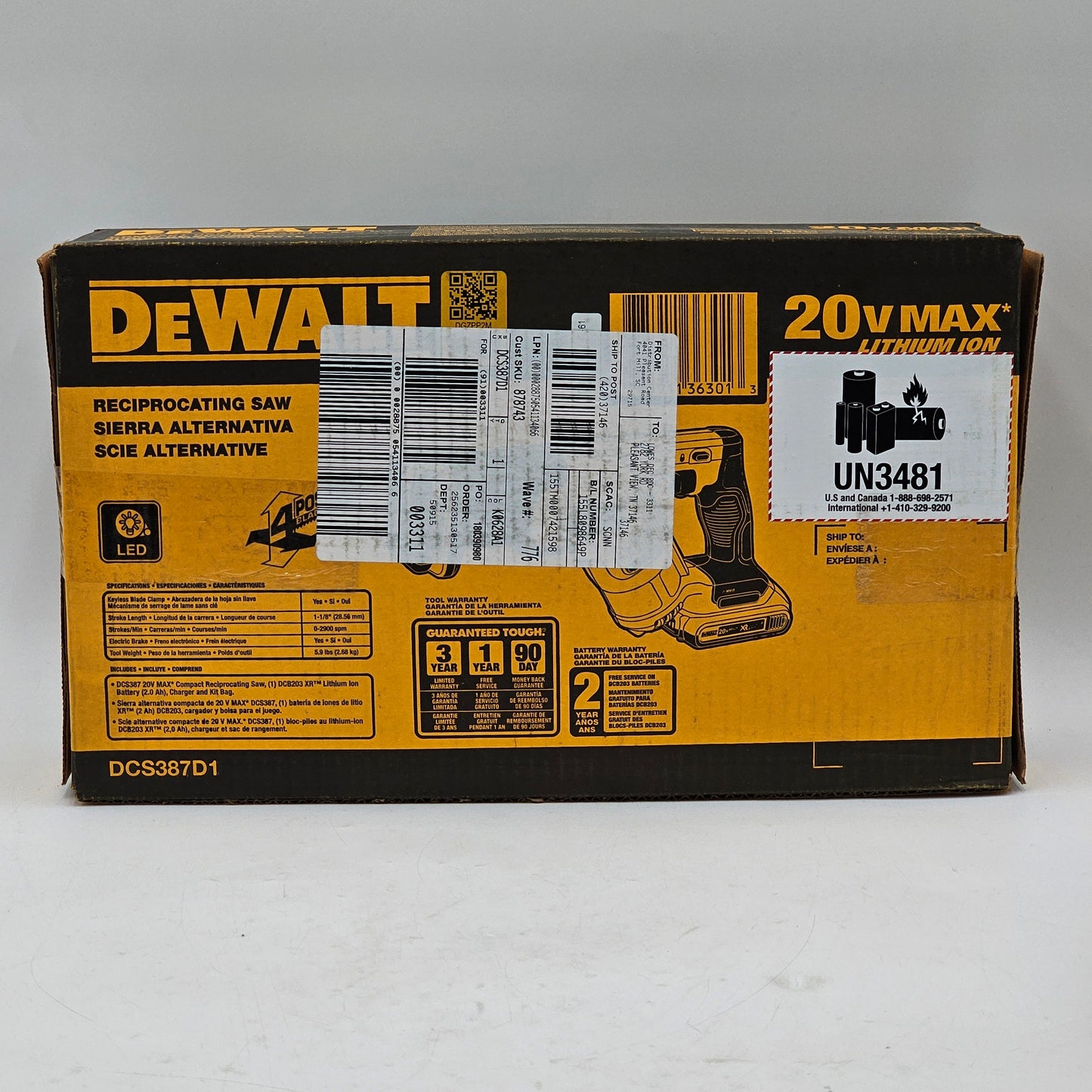 New DEWALT Max Compact Cordless Reciprocating Saw Kit DCS387D1