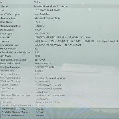 Lenovo Yoga 730-15 15.6" i7-8550U 1.8GHz 8GB RAM 256GB SSD