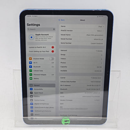 Unlocked Apple iPad 10th Gen 64GB Blue MQ6K3LL/A