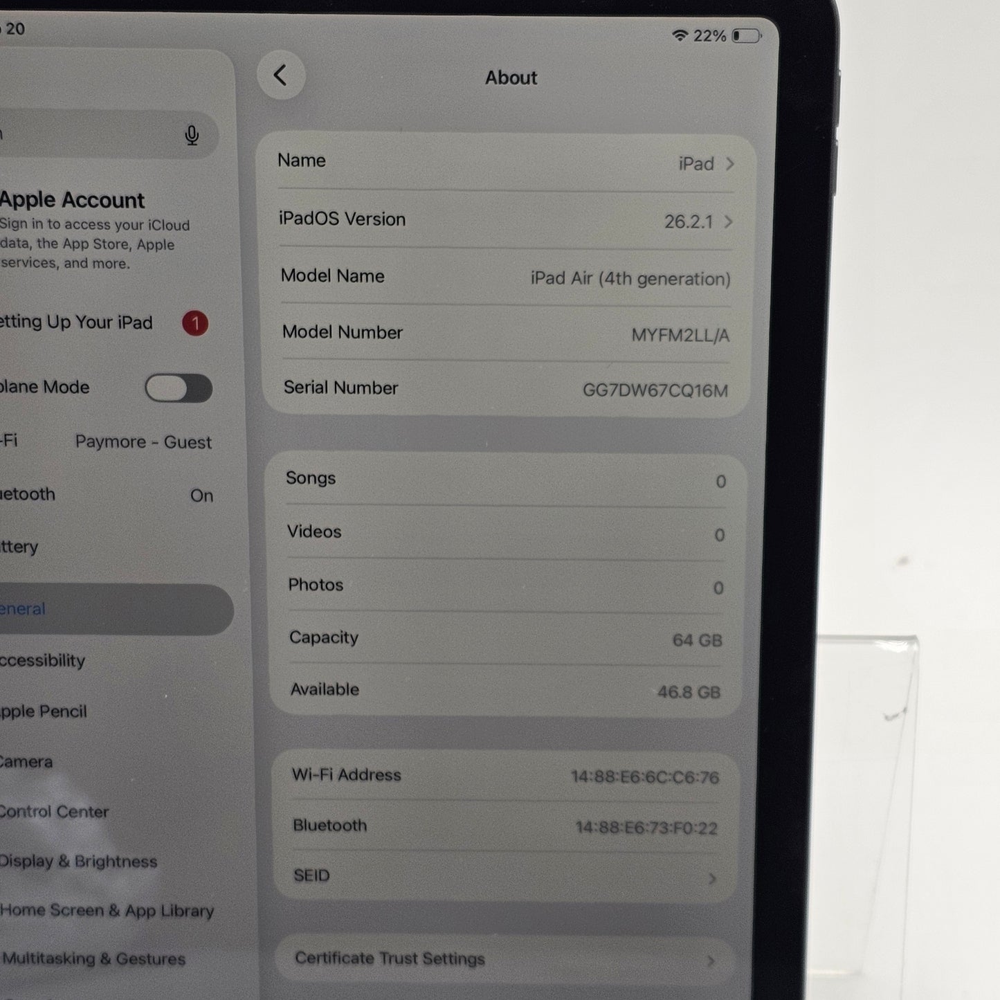 WiFi Only Apple iPad Air 4th Gen 64GB Space Gray MYFM2LL/A