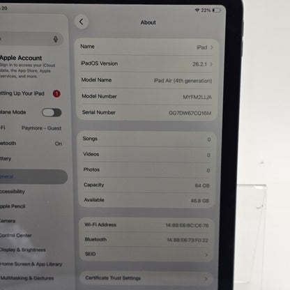 WiFi Only Apple iPad Air 4th Gen 64GB Space Gray MYFM2LL/A