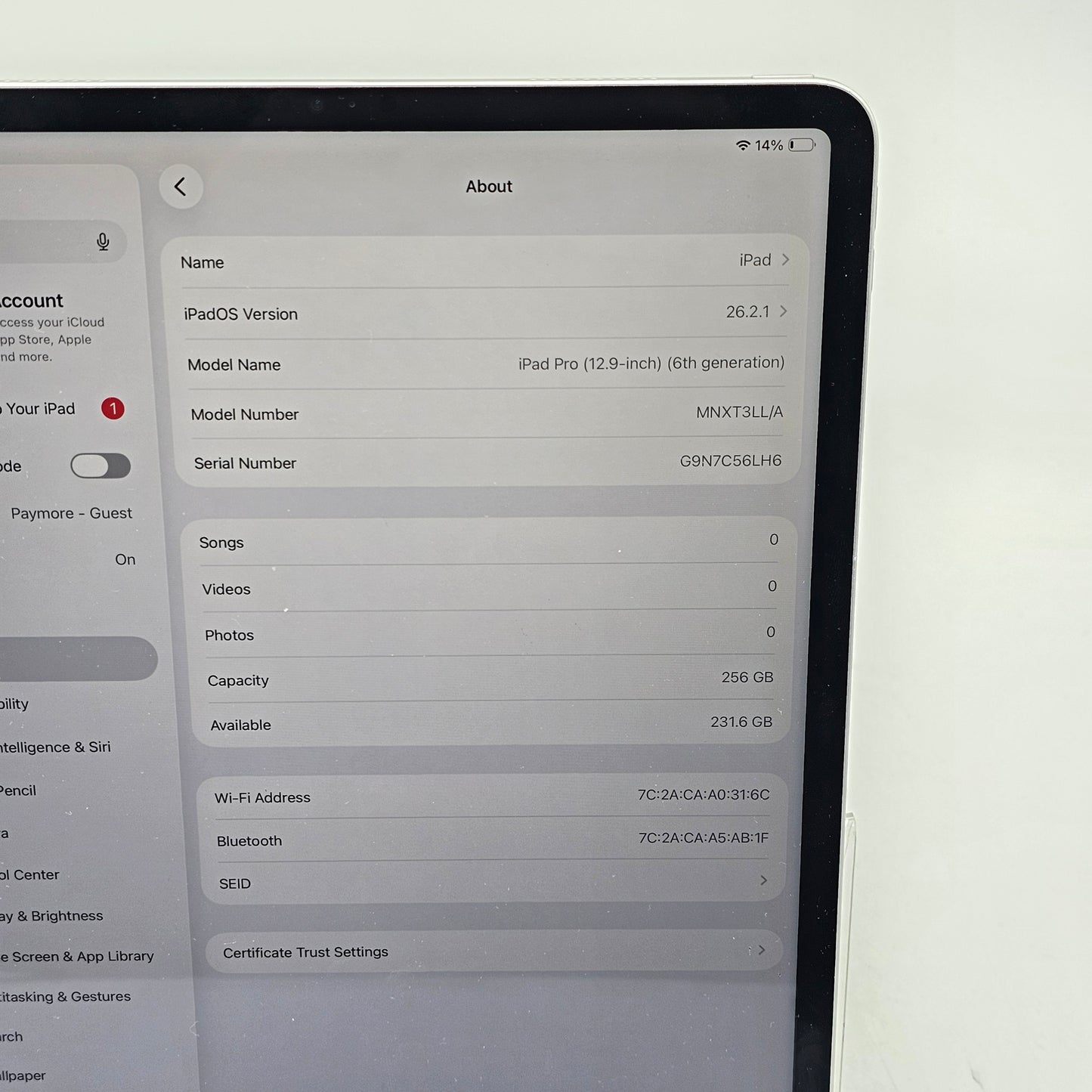 WiFi Only Apple iPad Pro 12.9" 6th Gen 256GB Silver MNXT3LL/A