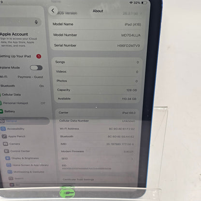 Unlocked Apple iPad 11" (A16) 128GB Blue MD7G4LL/A