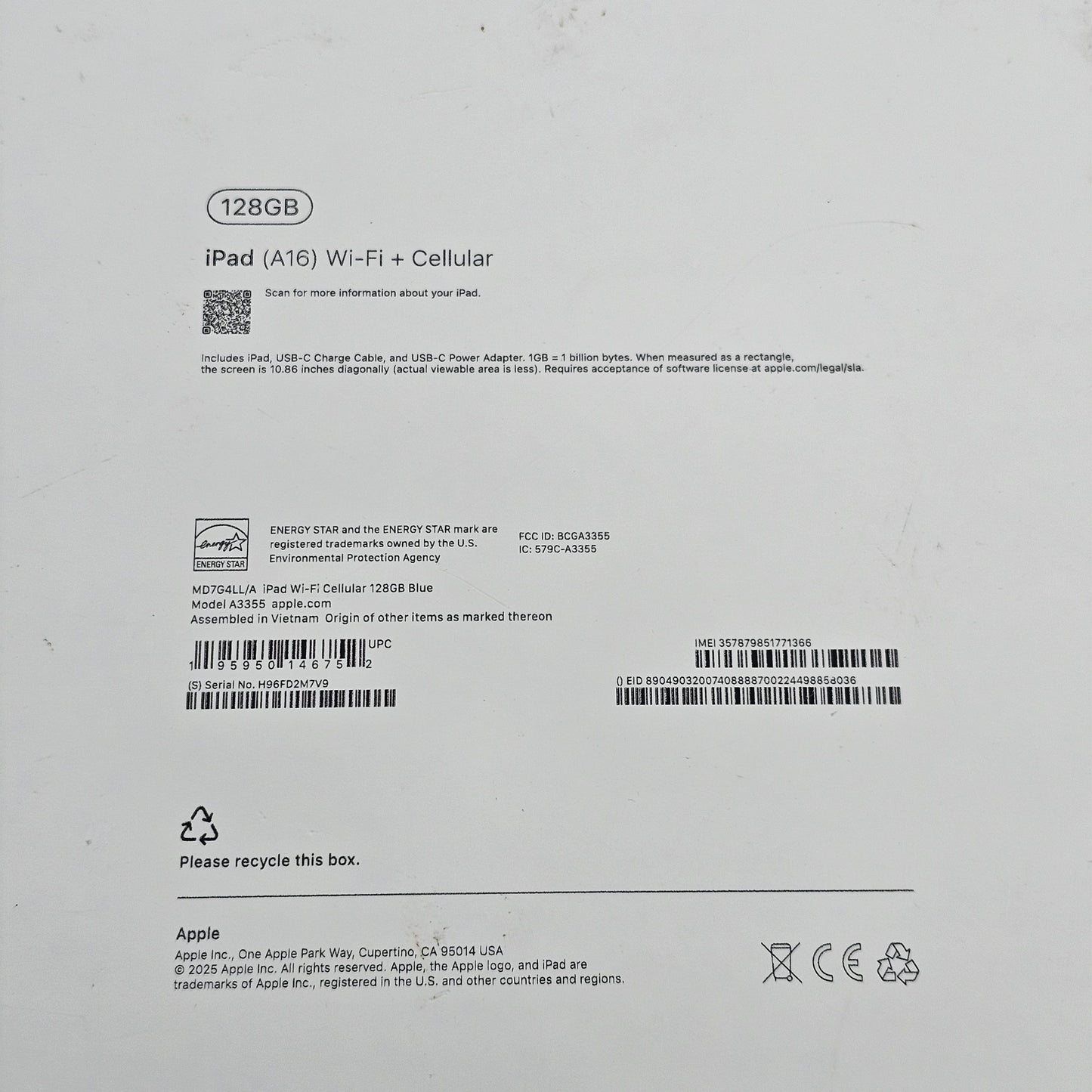 Unlocked Apple iPad 11" (A16) 128GB Blue MD7G4LL/A