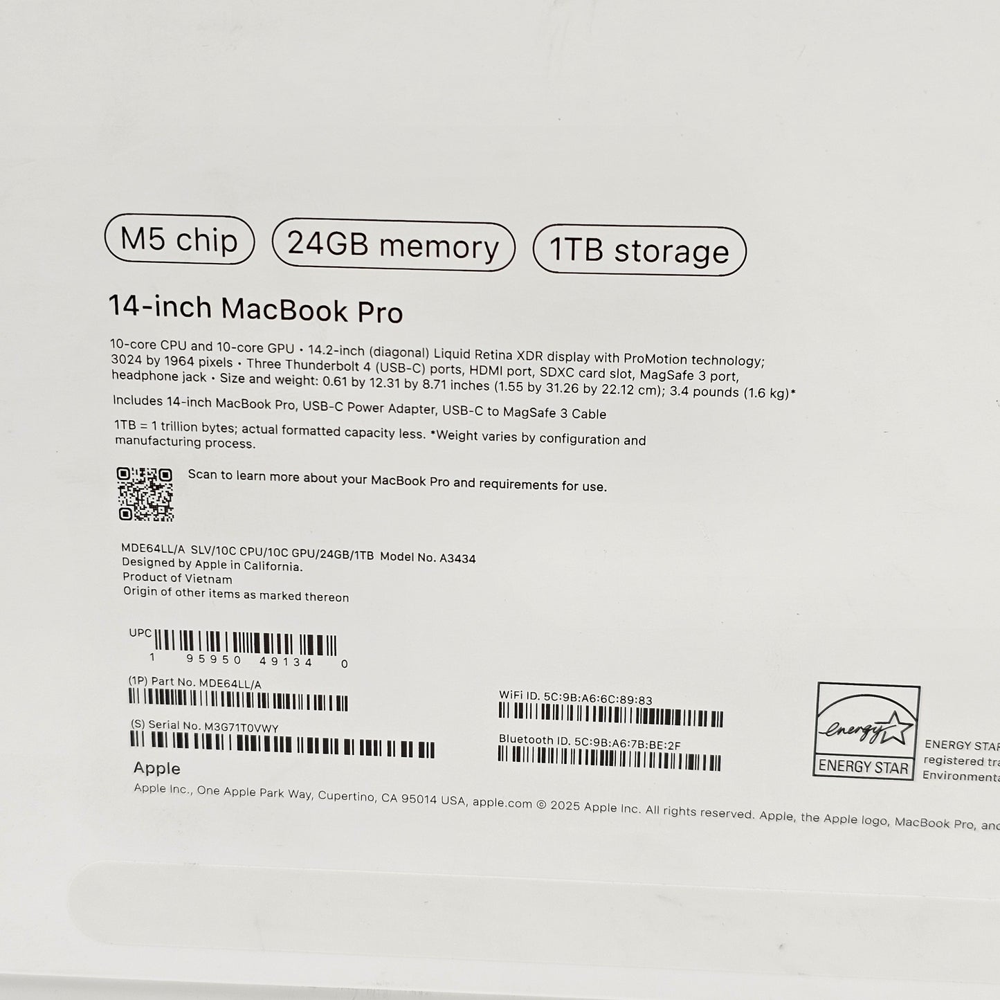 2025 Apple MacBook Pro 14" M5 10C GPU 4.6GHz 24GB RAM 1TB SSD MDE64LL/A