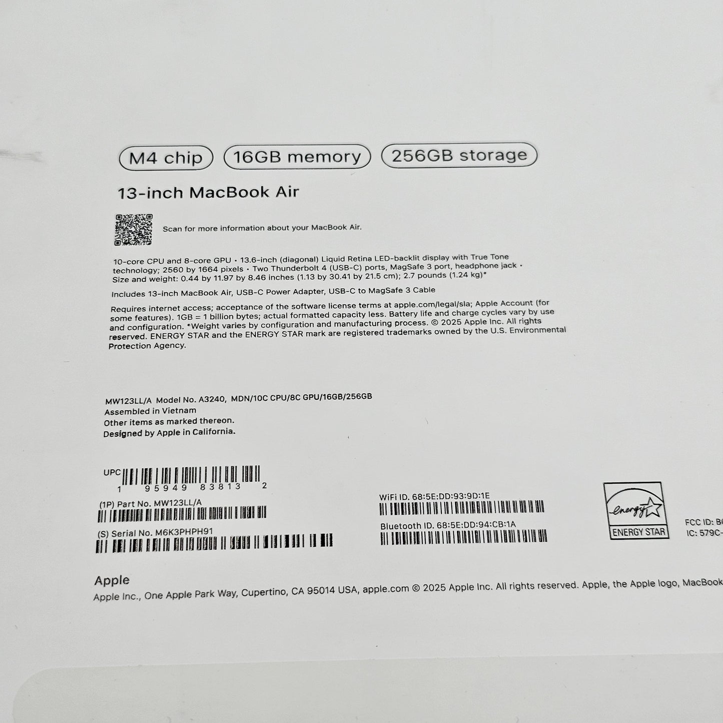 2025 Apple MacBook Air 13" M4 10C GPU 4.5GHz 16GB RAM 256GB SSD MW123LL/A