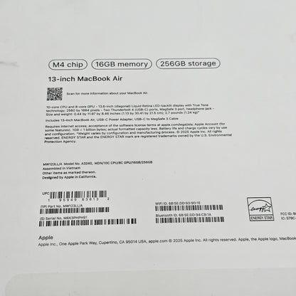 2025 Apple MacBook Air 13" M4 10C GPU 4.5GHz 16GB RAM 256GB SSD MW123LL/A