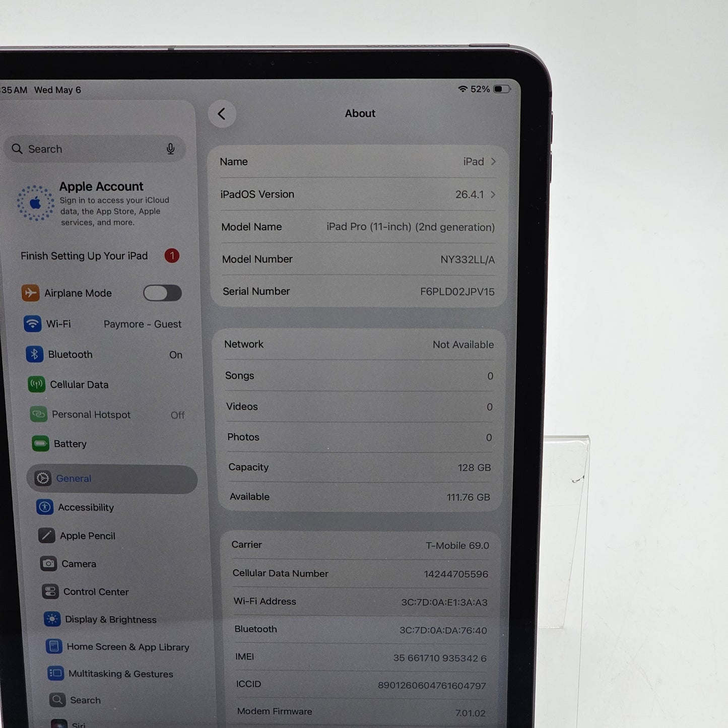 Unlocked Apple iPad Pro 11" 2nd Gen 128GB Space Gray NY332LL/A