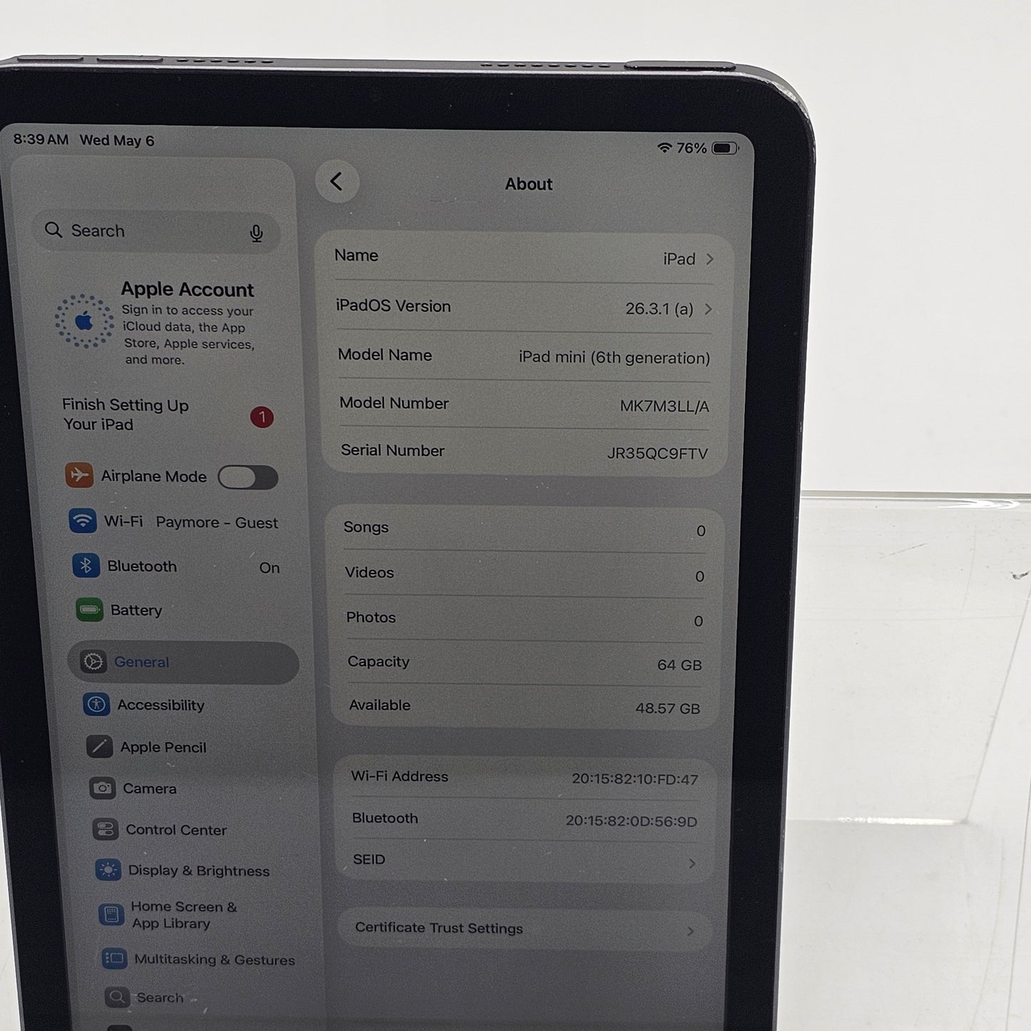 WiFi Only Apple iPad Mini 6th Gen 64GB Space Gray MK7M3LL/A