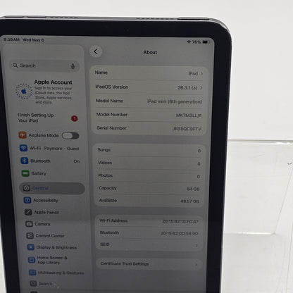 WiFi Only Apple iPad Mini 6th Gen 64GB Space Gray MK7M3LL/A