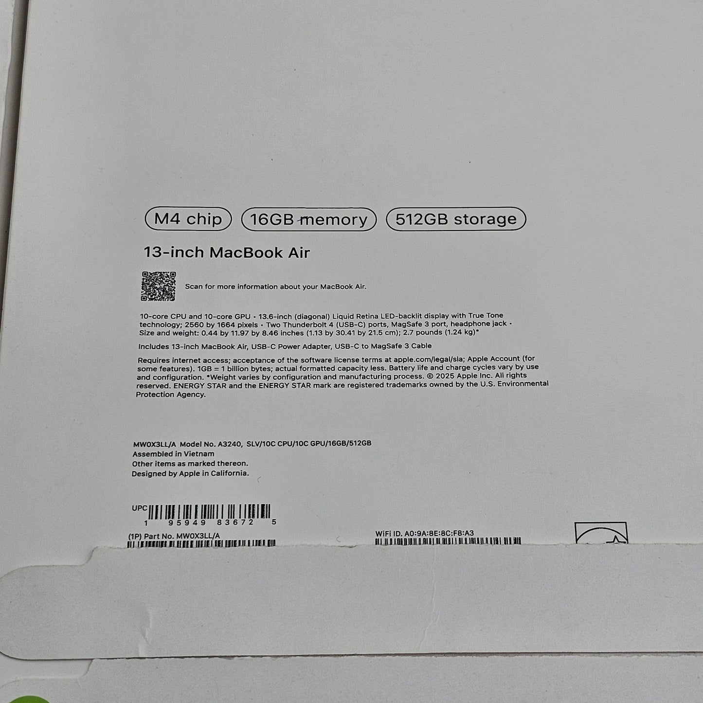 2025 Apple MacBook Air 13" M4 10C GPU 4.5GHz 16GB RAM 512GB SSD A3240