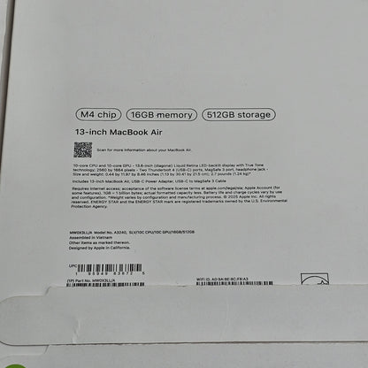 2025 Apple MacBook Air 13" M4 10C GPU 4.5GHz 16GB RAM 512GB SSD A3240