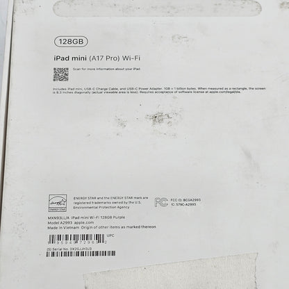 WiFi Only Apple iPad Mini (A17 Pro) 128GB Purple MXN93LL/A