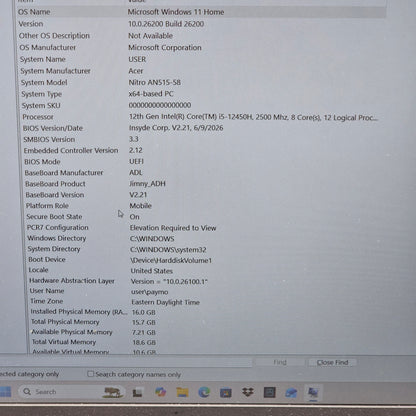 Acer Nitro 5 AN515‑58 15.6" i5-12450H 2.0GHz 16GB RAM 512GB SSD RTX 3050 Ti