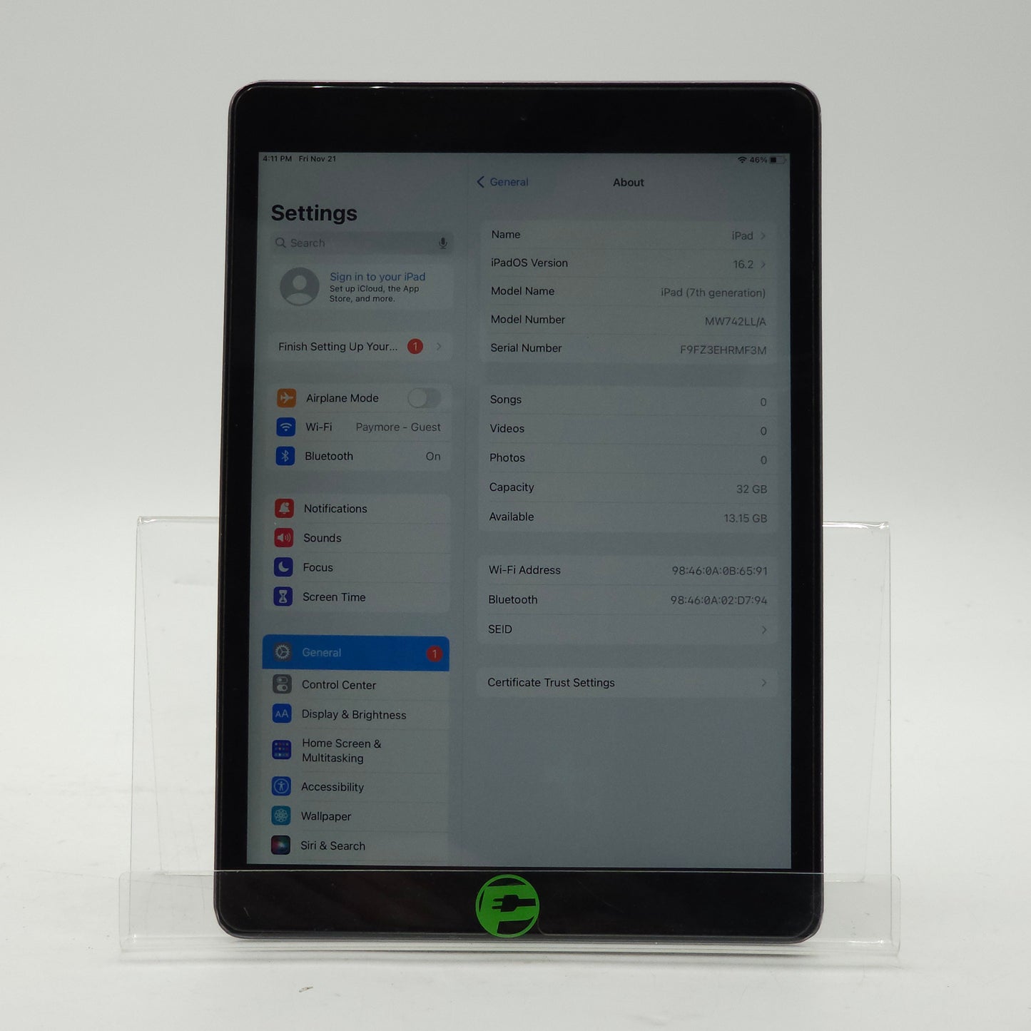 WiFi Only Apple iPad 7th Gen 32GB Space Gray MW742LL/A