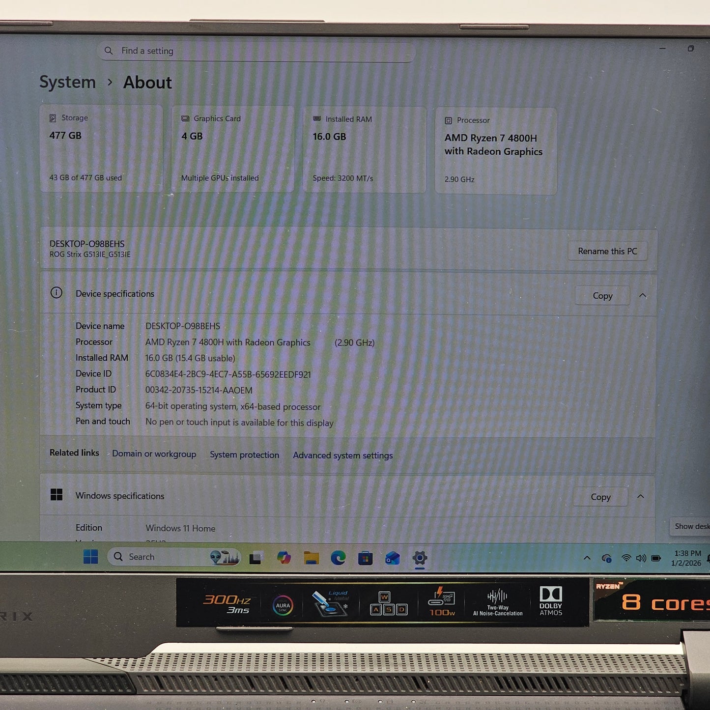 Asus ROG Strix G513 15.6" Ryzen 7 2.9GHz 16GB RAM 512GB SSD GeForce RTX 3050 Ti