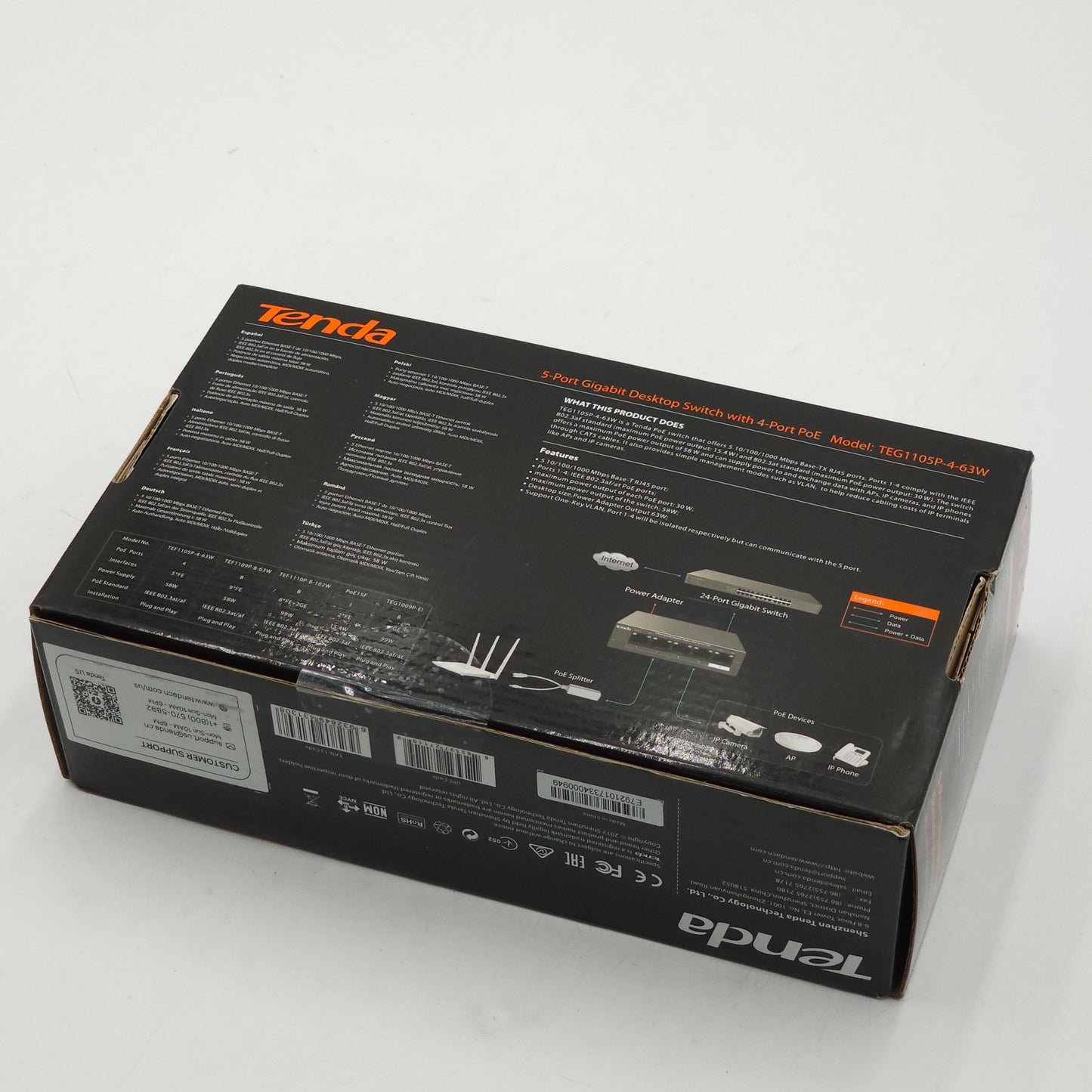 New Tenda 5 Port Gigabit PoE Switch TEG1105P-4-63W Lot of 7